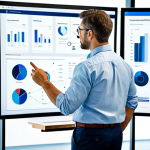 A professional software architect in a modest business casual shirt and trousers, standing in a brightly lit, modern office. The architect is observing a large digital display that visualizes an abstract, clean diagram with distinct, organized layers, symbolizing a structured software architecture and its foundational elements. The environment is minimalistic and tidy, reflecting order and clarity. Fully clothed, appropriate attire, safe for work, perfect anatomy, correct proportions, natural pose, well-formed hands, proper finger count, natural body proportions, professional photography, high quality, family-friendly, appropriate content.