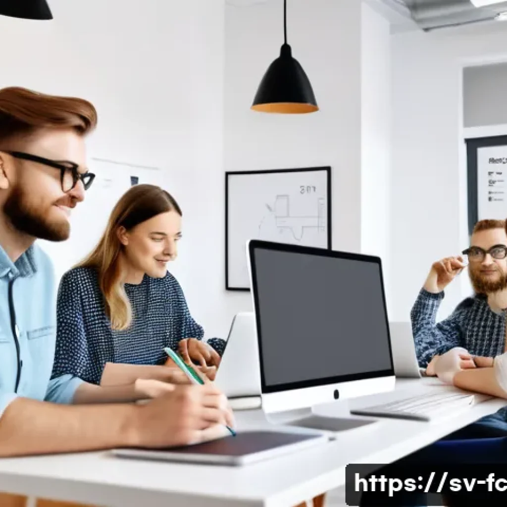 CSS 아키텍처 패턴의 비즈니스 적합성 - A modern web development team in a bright, Scandinavian-style office collaborating around a large ta...