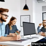 CSS 아키텍처 패턴의 비즈니스 적합성 - A modern web development team in a bright, Scandinavian-style office collaborating around a large ta...