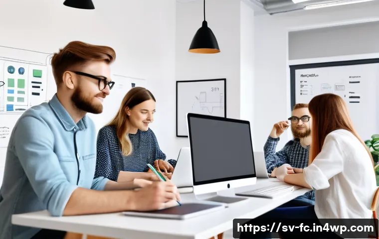 CSS 아키텍처 패턴의 비즈니스 적합성 - A modern web development team in a bright, Scandinavian-style office collaborating around a large ta...