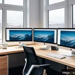 Home 18 CSS 아키텍처 패턴의 정의 및 중요성 - A modern Scandinavian office workspace with a developer actively organizing CSS code on multiple lar...